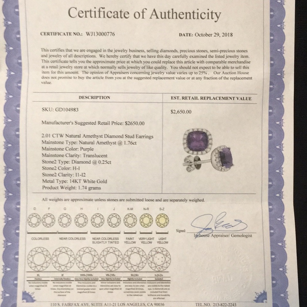 2.01 CTW Princess Natural Amethyst Diamond Stud - Picture 7 of 8